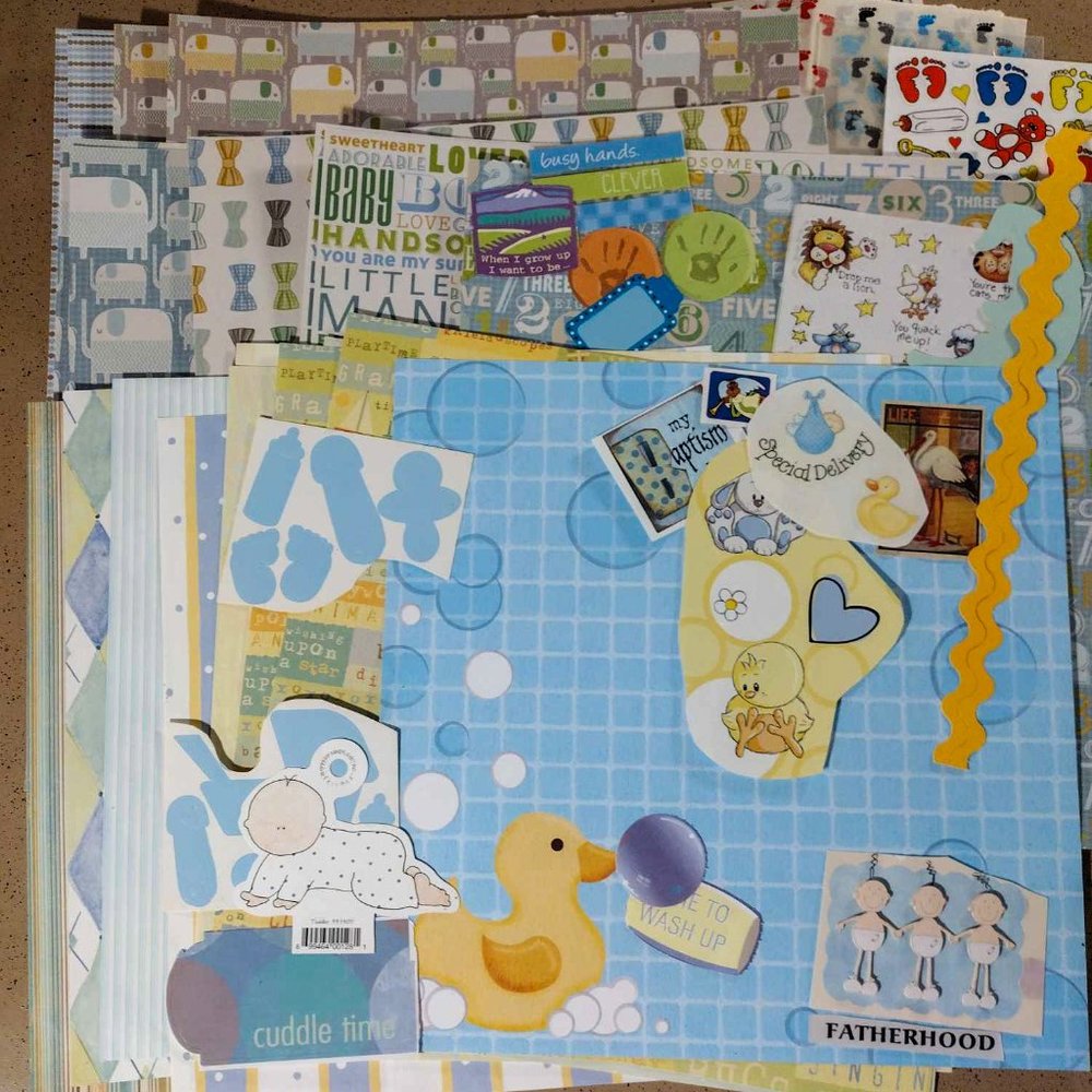 12x12 Scrapbook Baby Boy Paper Specialty embossed Paper Stickers Ephemera Lot